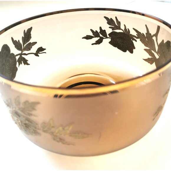 Amber Glass Vintage Gold Floral Accents Serving Dish Gold Gilt Band - Picture 9 of 9